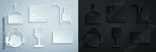 Set Fragile broken glass symbol, Hand truck and boxes, Support operator in touch, Envelope, Laptop with app delivery tracking and Container on crane icon. Vector