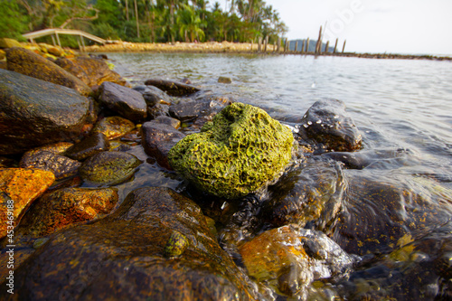 Beautiful rocks on the beach with calm water.