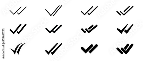 Double checking in different style for confirm approval. Two arrow for Valid seal sign. Checklist completed logo. Double check mark icon set. Vector illustration. Design on white background. EPS 10