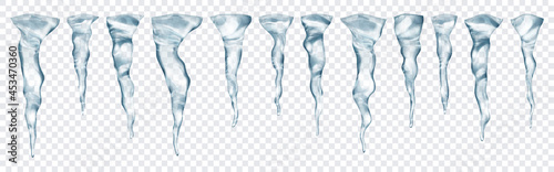 Set of translucent realistic gray icicles of different lengths on transparent background. Transparency only in vector format