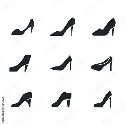 Women stylish footwear. women`s elegant shoe for fashion . Feminine and trendy shoes for web design. solid icon, high heel shoes icon set. Vector illustration. Design on white background. EPS 10