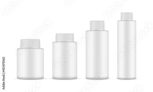Various Sizes Cosmetic Bottles Mockups with Screw Caps, Isolated on White Background. Vector Illustration
