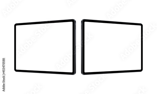 Tablet Computers Horizontal Mockups with Blank Screens, Perspective Side View, Isolated on White Background. Vector Illustration