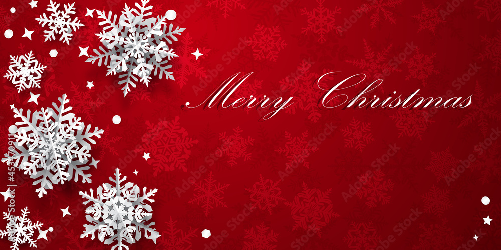 Christmas background of paper snowflakes with soft shadows, white on red background with falling snow Christmas background of paper snowflakes with soft shadows, white on red background with falling snow