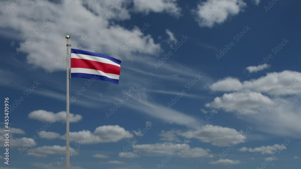 3D, Costa Rica flag waving on wind with blue sky and clouds. Close up of Costa Rican banner blowing, soft and smooth silk. Cloth fabric texture ensign background.-Dan 3D, Costa Rica flag waving on wind with blue sky and clouds. Close up of Costa Rican banner blowing, soft and smooth silk. Cloth fabric texture ensign background.-Dan
