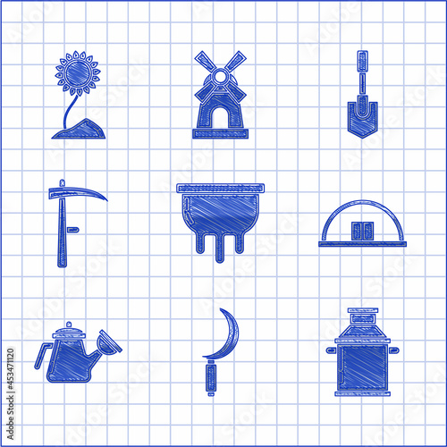 Set Udder, Sickle, Can container for milk, Hangar, Watering can, Scythe, Shovel and Sunflower icon. Vector