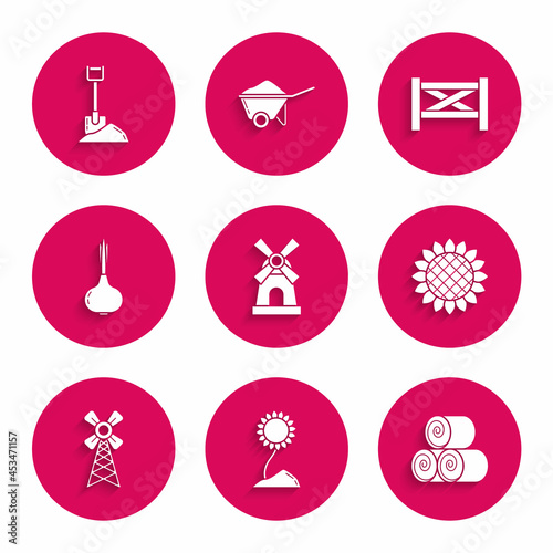 Set Windmill, Sunflower, Roll of hay, Onion, Garden fence wooden and Shovel the ground icon. Vector