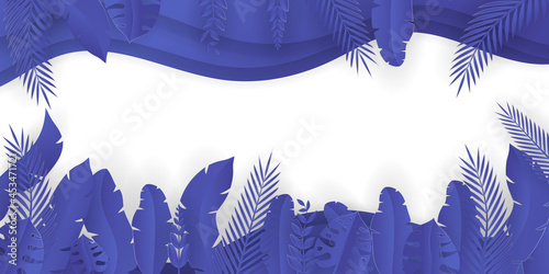 Purple leaves floral background on white background. Set of Colorful summer disco party posters with fluorescent tropic leaves, flower and badges. Summertime backgrounds