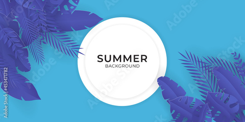 Purple leaves floral background on white background. Set of Colorful summer disco party posters with fluorescent tropic leaves, flower and badges. Summertime backgrounds