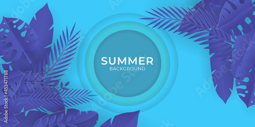 Purple leaves floral background on white background. Set of Colorful summer disco party posters with fluorescent tropic leaves, flower and badges. Summertime backgrounds