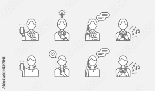 医師・薬剤師と看護師がスマートフォンを使用している線画イラストセット