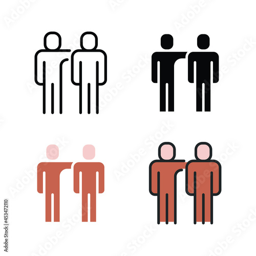 Hands on shoulders symbol of Team, Teamwork, community member, partnership. Friends hug symbol. Hug, man, people, stand, team, teamwork, work icon. Vector illustration on white background. EPS10