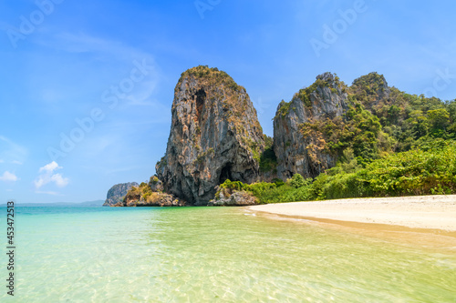 Ao Phra Nang near Railay beach with crystal clear water and exotic landmark limestone cliff mountain, Krabi, Thailand