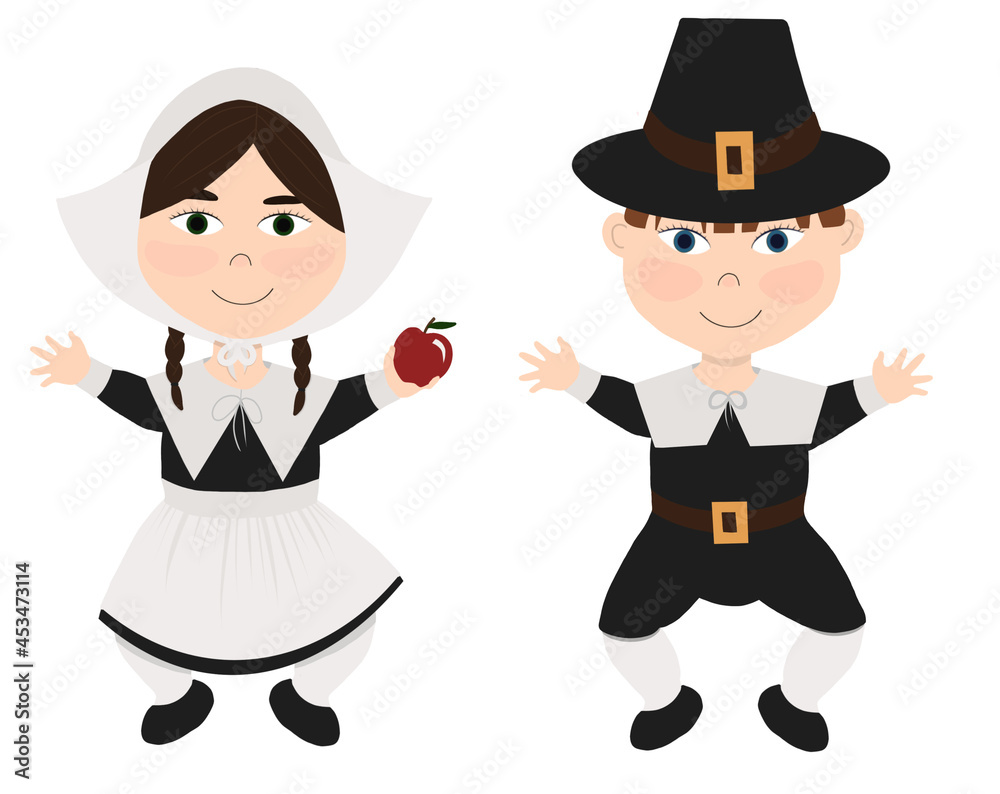 Cute raster collection, two small children, a boy and a girl in pilgrim costumes. Illustration for postcards, decoration, various Thanksgiving products.