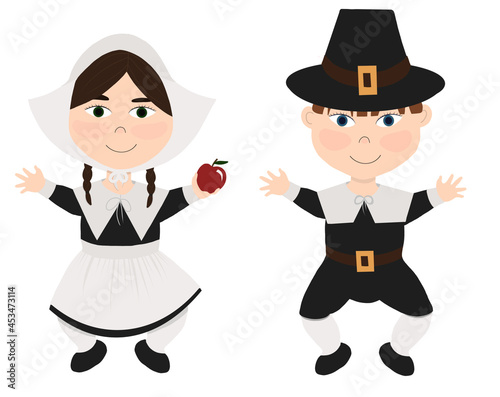 Cute raster collection, two small children, a boy and a girl in pilgrim costumes. Illustration for postcards, decoration, various Thanksgiving products.