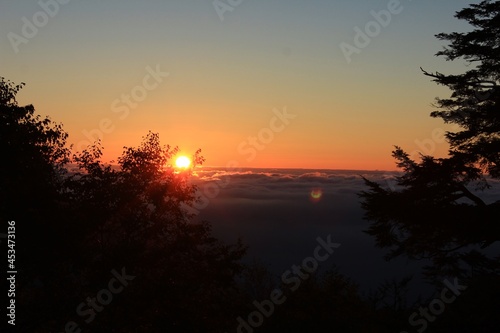 雲取山の夜明け。雲取山荘から見た日の出。空と雲海がオレンジ色に染まる。 