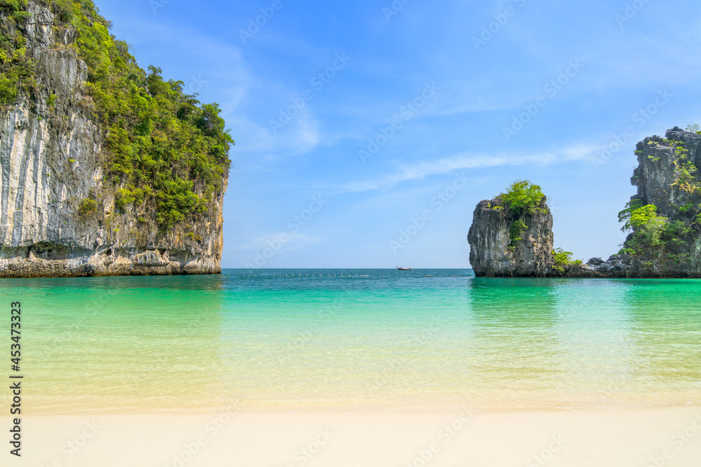 Ko Hong island and exotic beach with mountain cliff, with crystal clear water and white sand, Krabi, Thailand