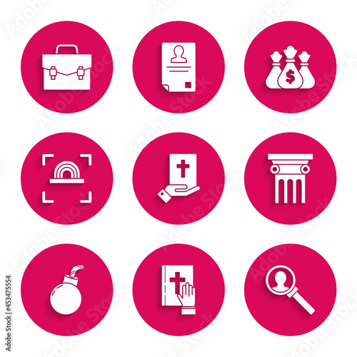 Set Oath on the Holy Bible, Magnifying glass for search, Law pillar, Bomb ready to explode, Fingerprint, Money bag and Briefcase icon. Vector