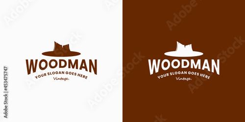 vintage woodman lumberjack logo design with hat logo design