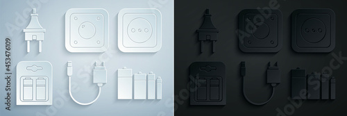 Set Charger, Electrical outlet, Battery in pack, light switch and plug icon. Vector