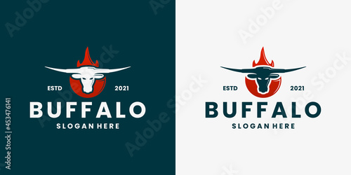 vintage buffalo fire longhorn logo design vector