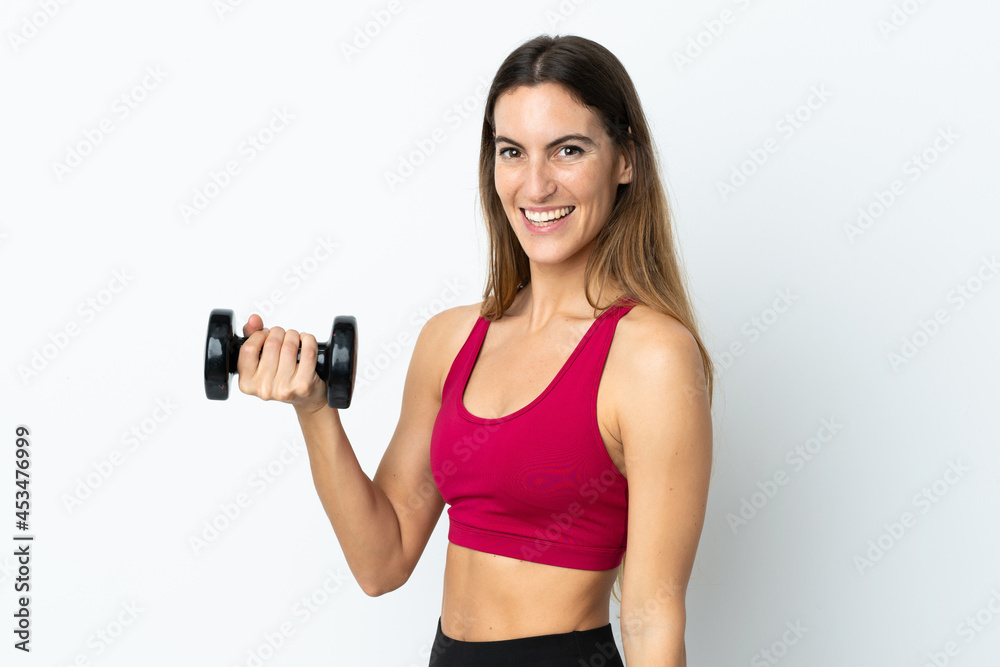 Sport woman making weightlifting isolated on white background smiling a lot Sport woman making weightlifting isolated on white background smiling a lot