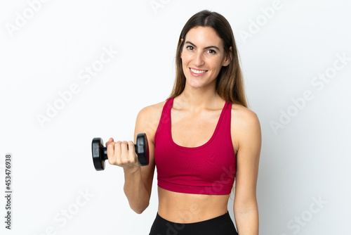 Sport woman making weightlifting isolated on white background smiling a lot