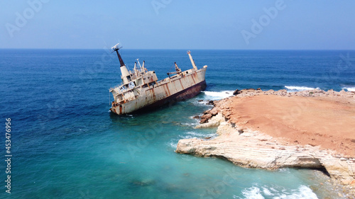 Fototapeta Naklejka Na Ścianę i Meble -  Abandoned ship Edro III near Cyprus beach. Rusty ship ran aground near the shore. High quality photo
