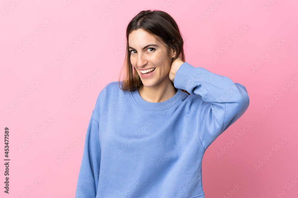 Young caucasian woman isolated on pink background laughing Young caucasian woman isolated on pink background laughing