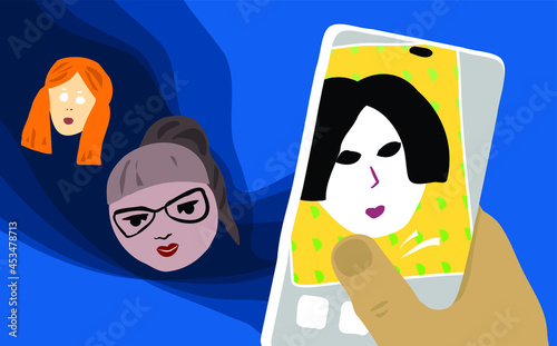 Picky man rejecting women on a dating site. Disappointed dating app user swiping left on diverse women. Guy searching for a girlfriend online illustration