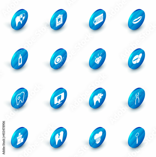 Set Clipboard with dental card, Dentures model, Smiling lips, Tube of toothpaste, Tooth caries, Dental floss, Medicine pill or tablet and Diamond teeth icon. Vector