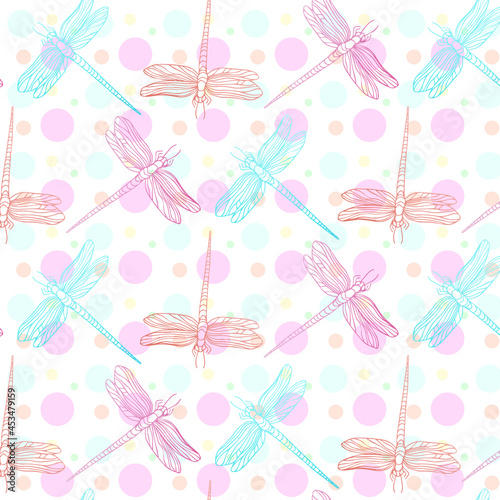 Hand drawn seamless pattern with line dragonfly and colorful circles isolated on white background. Cute elegant design. Vector illustration. photo