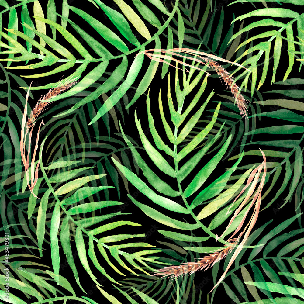 Fototapeta premium Seamless watercolor pattern background with tropical leaves, spikelet, wheat. Fern leaves, forest background. For design, fabric, paper, material. Tropical leaves. Exotic tropical palm tree 