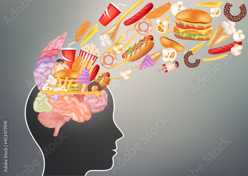 Junk food brain health and unhealthy nutrition choices. cheeseburger sugar soft drink fried chicken and cake. Health care and medical concept. 3D illustration elements. Vector EPS10