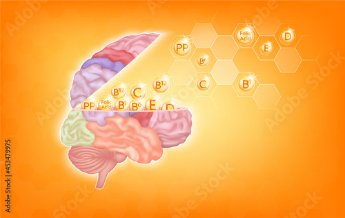 Vitamins for brain. Essential nutrients for brain health main human organs with molecular. Vitamin C, B, PP, folic acid, That helps treat symptoms alzheimer's, dementia and depression. 3D vector EPS10