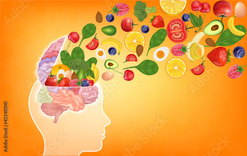 Healthy brain food boost brainpower nutrition concept as a group of nutritious nuts vegetables and berries rich in omega 3. That helps treat symptoms alzheimer's, dementia and depression. 3D vector.