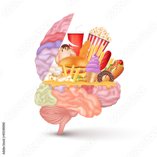Junk food brain health and unhealthy nutrition choices. cheeseburger sugar soft drink fried chicken and cake. Health care and medical concept. 3D illustration elements. Vector EPS10