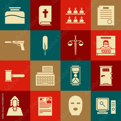 Set Search on computer screen, Prison cell door, Wanted poster, Jurors, Feather pen, Pistol gun with silencer, Inkwell and Scales of justice icon. Vector