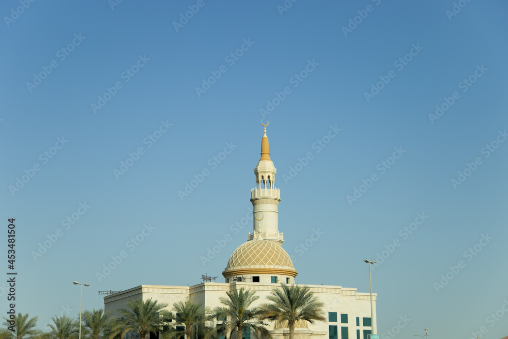 Standing Alone Separated Beautiful Mosque with Blue Sky and Green Palm Trees