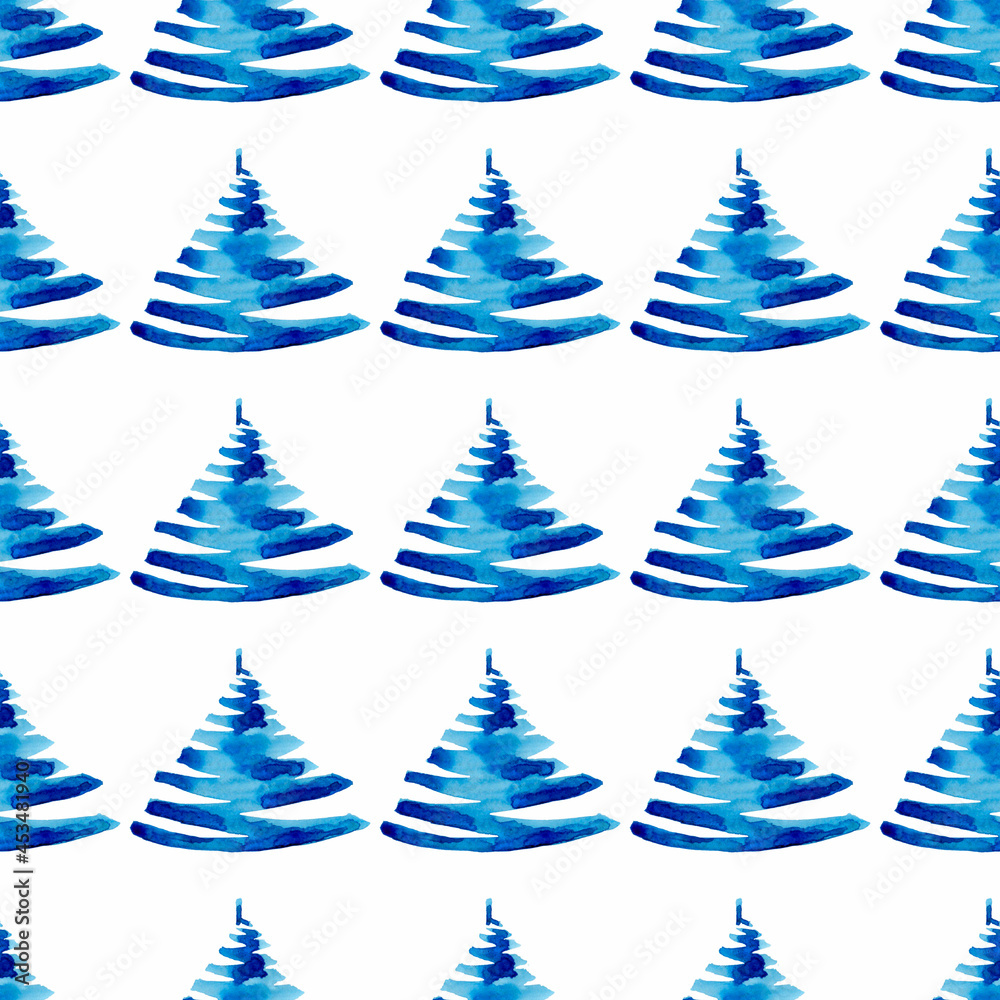 Fototapeta premium XMAS watercolor Pine Tree Seamless Pattern in Blue Color. Hand Painted fir tree background or wallpaper for Ornament, Wrapping or Christmas Gift