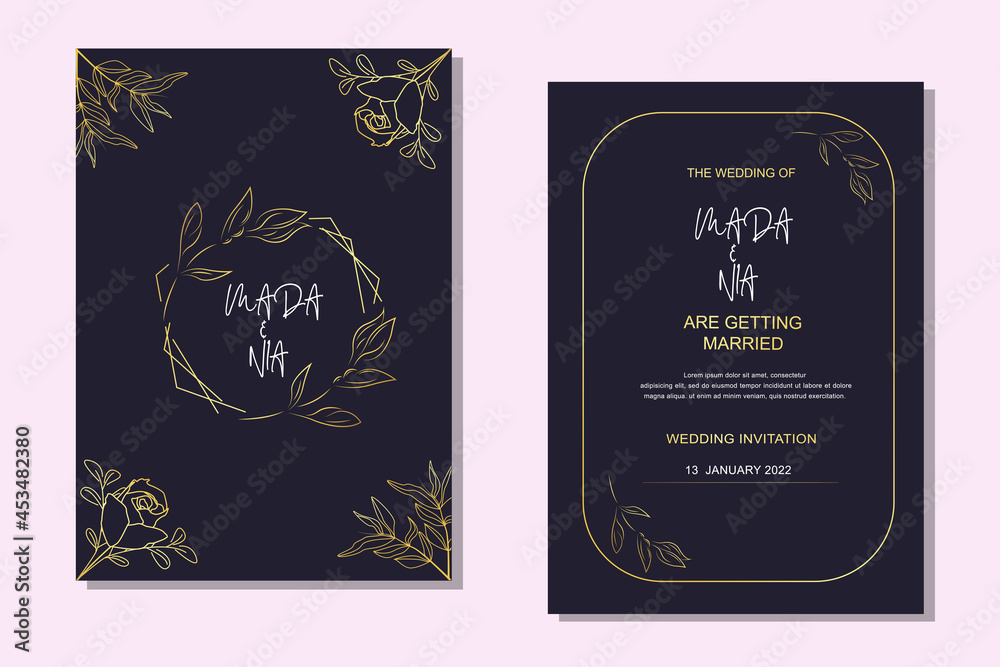 Set wedding invitation template, frame flower, leaf, elegant. Vector style of plant line art, nature art.
