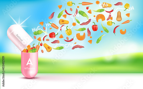 Capsule vitamin A pink. fruits and vegetables fiber vitamin that neutralize free radicals. Anti aging beauty medical concept and health care. Bright sky orchard background 3D vector EPS10.