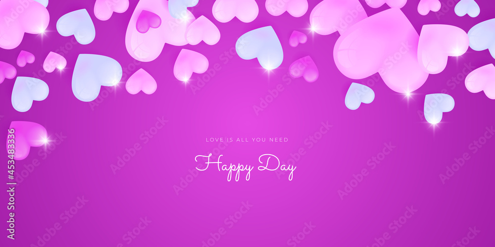 Vector pink purple background decorating of falling valentine hearts confetti. Greeting card design