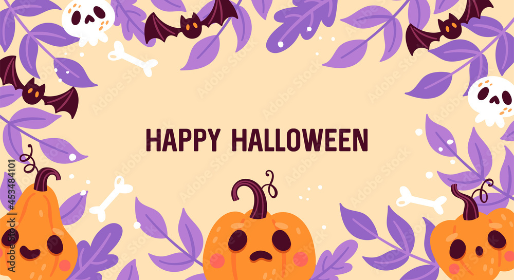Halloween holiday banner design with cute jack o lantern pumpkin, skull and leaves.