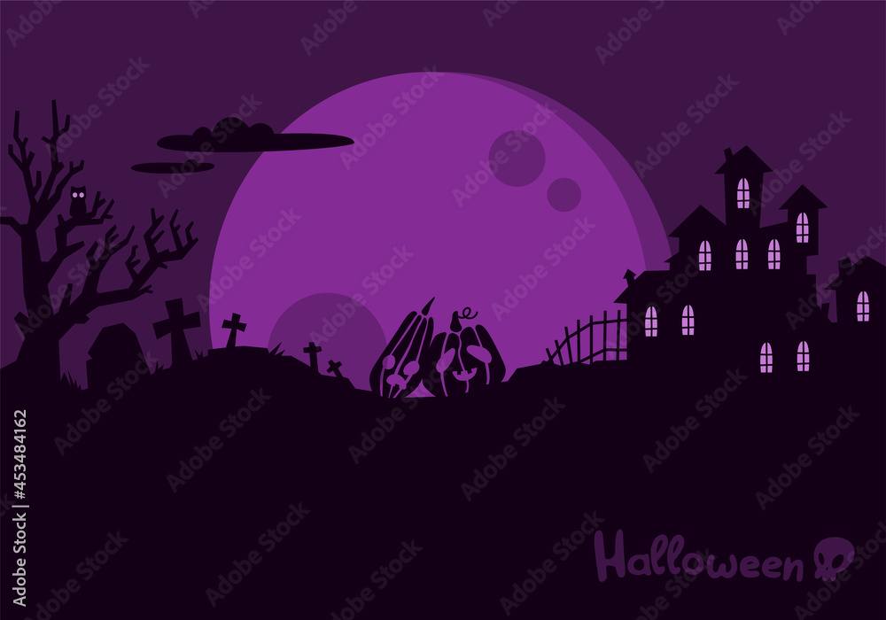 Halloween Backdrop Pumpkins In Graveyard In The Spooky Night, Cartoon Illustration, Mystical Castle Courtyard Dark Background. Vector