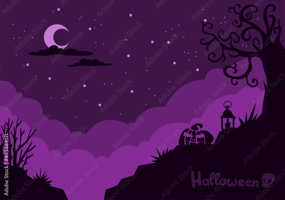 Halloween Backdrop Pumpkins In The Spooky Starlight Night, Cartoon Illustration, Mystical Dark Background. Vector Halloween Backdrop Pumpkins In The Spooky Starlight Night, Cartoon Illustration, Mystical Dark Background. Vector