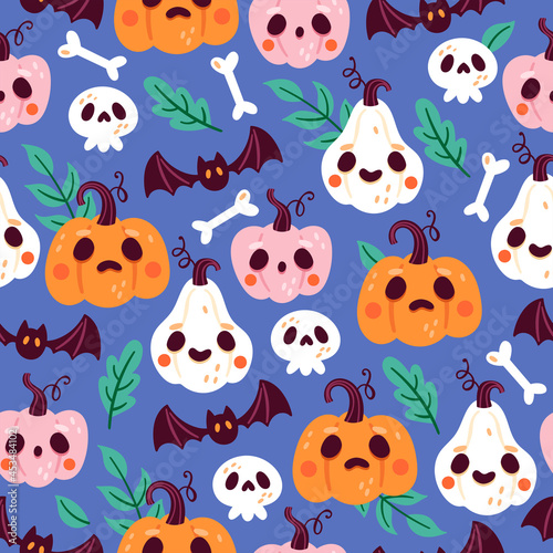 Seamless pattern for Halloween holiday with pumpkin  skull and bat. Childish background for fabric  wrapping paper  textile  wallpaper and apparel