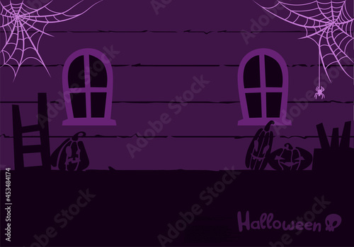 Halloween Backdrop Pumpkins In Old Attic With Cobwebs and Spiders In The Spooky Night, Cartoon Illustration, Mystical Dark Background. Vector