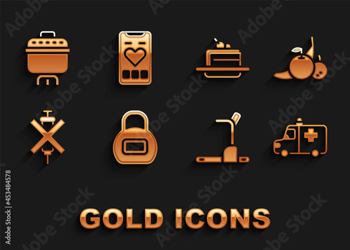 Set Kettlebell, Fruit, Ambulance and emergency car, Treadmill machine, No doping syringe, Cake, Cooking pot and Mobile with heart rate icon. Vector