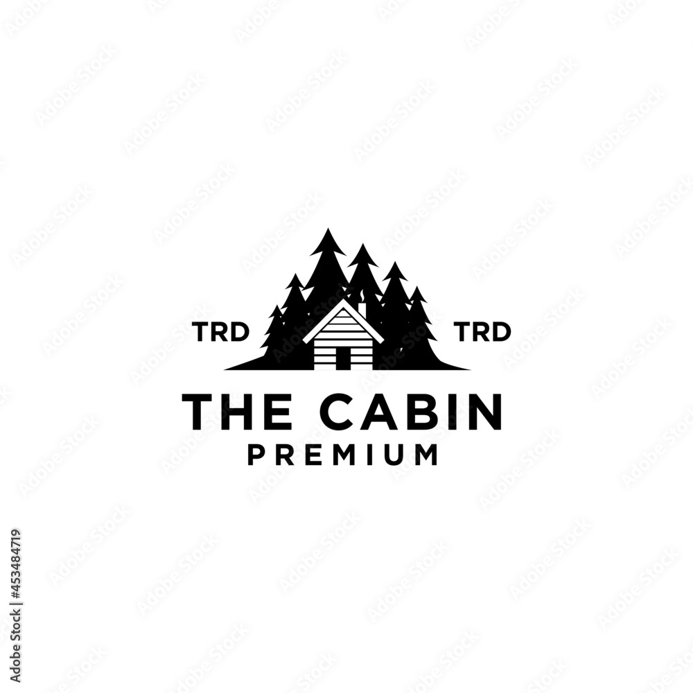 premium wooden cabin and pine forest mountain retro vector black logo design isolated white background